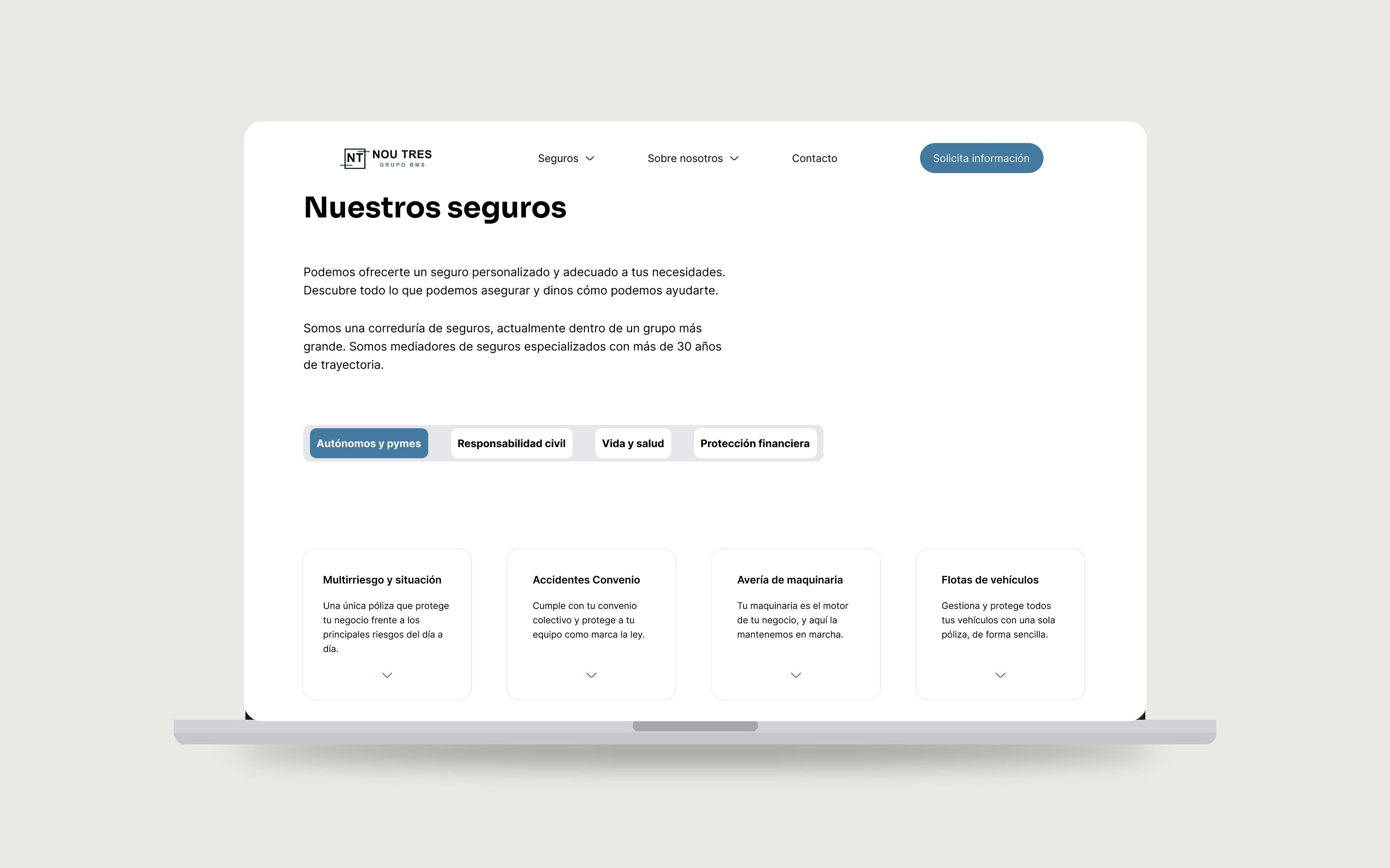 Nou Tres Grupo BMS — insurance page with category tabs
