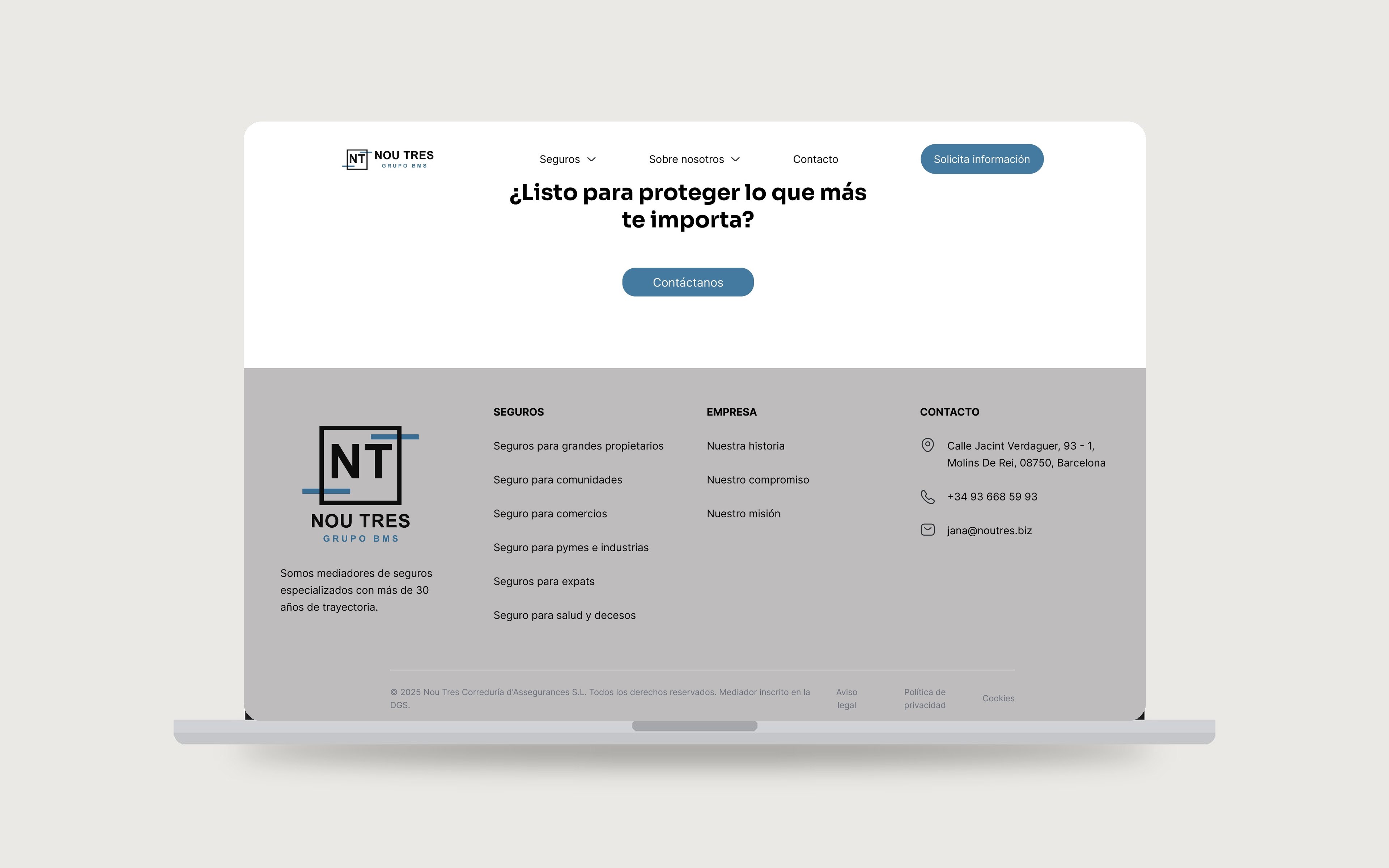 Nou Tres Grupo BMS — closing call to action and footer