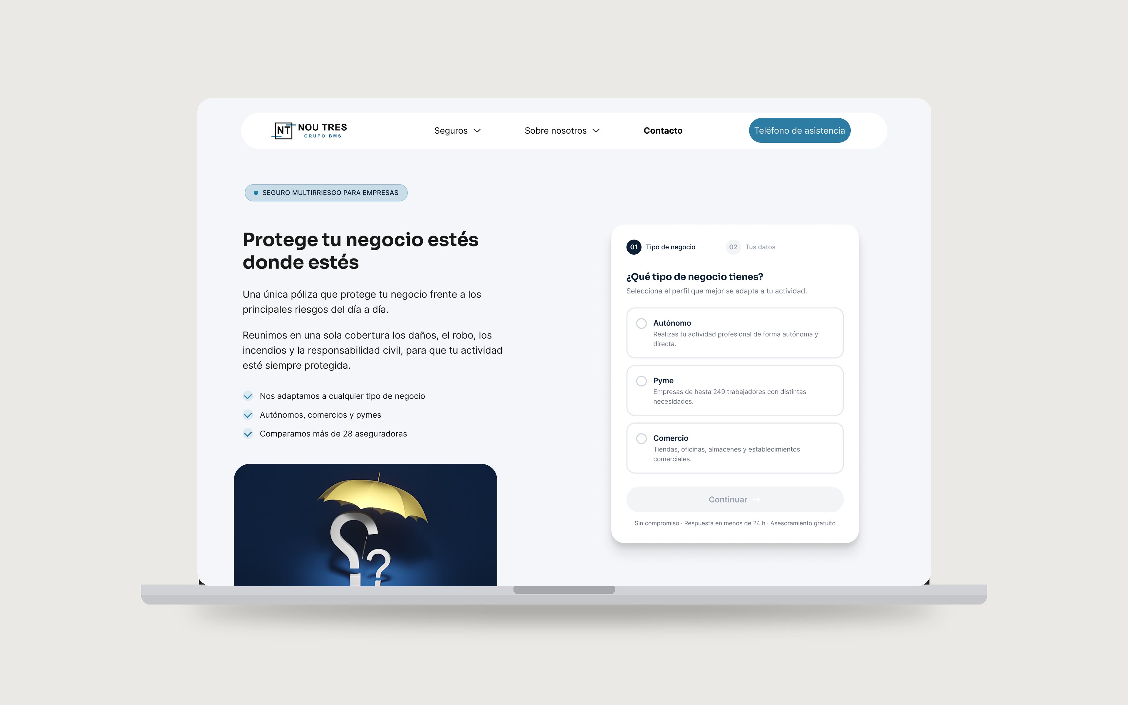 Nou Tres Grupo BMS, insurance quote landing with a step-by-step form